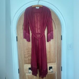 Anthropologie Boho Embroidered Burgundy Dressing Gown Robe NWOT
